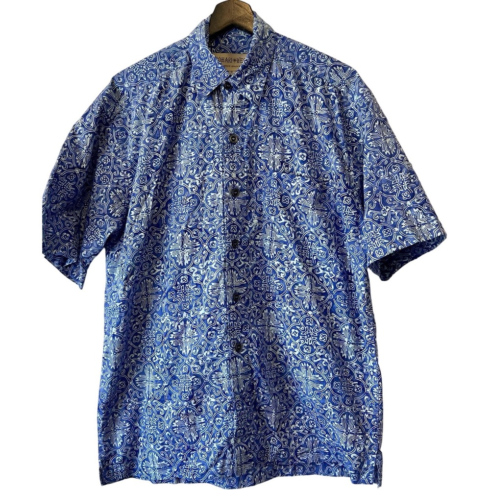 Johari‎ West Mens Blue White Batik Medallion Cotton Hawaiian Shirt Size M